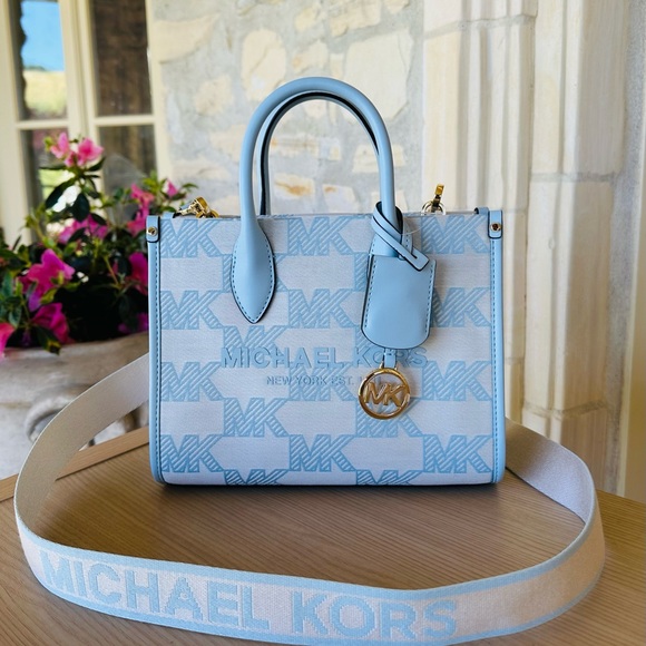 Michael Kors Mirella Graphic MK sky blue satchel Handbag&wallet NWT Authentic - Picture 3 of 14